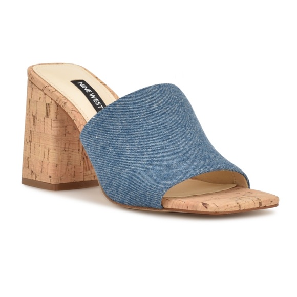 Size 7 Nine West Teice Heeled Slide Sandals Blue Denim - Picture 1 of 3